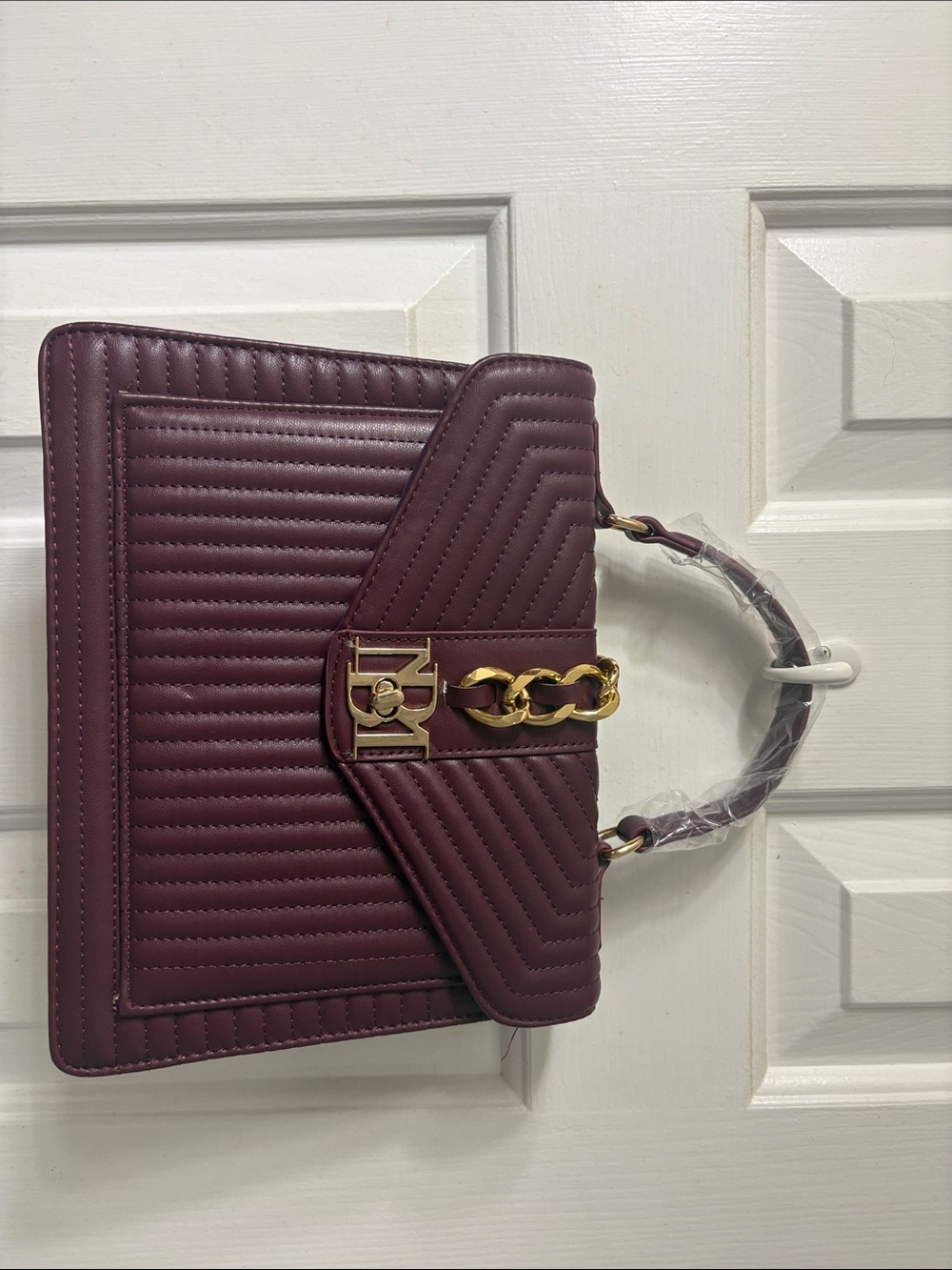 Quilted Burgundy Top-Handle Satchel with Gold Chain Accent